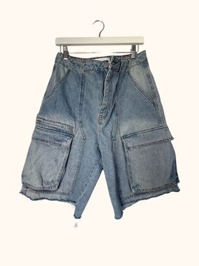 Fashion Nova Light Blue Cargo Denim Shorts with Contrast Stitching